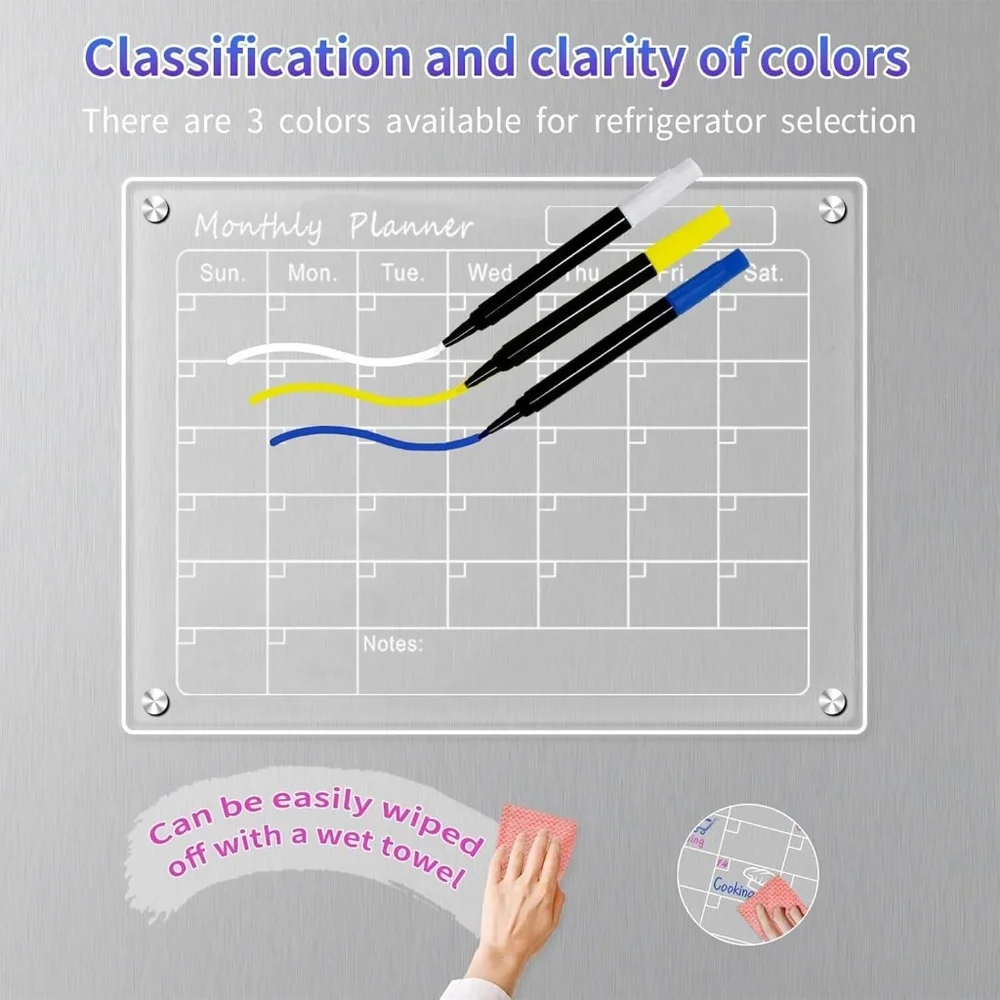 Acrylic Magnetic Calendar for Fridge, 2 Set 16''x12'' Clear Weekly & Memo Board